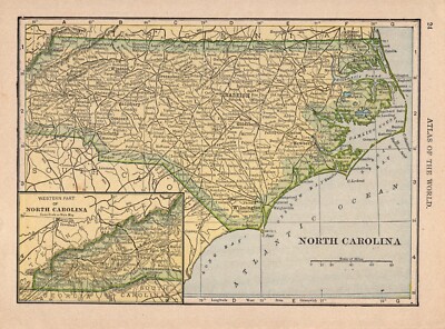 1908 Vintage North Carolina State Map of North Carolina Wall Decor ...