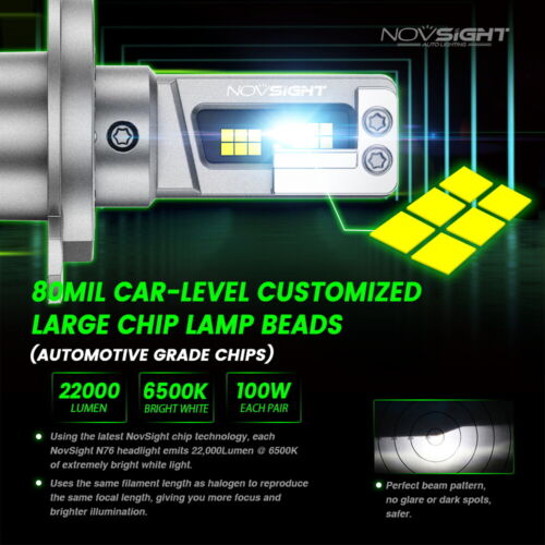NOVSIGHT H4 9003 LED Headlight Bulbs 100W 22000LM 2-Sided White Kit Hi/Low Beam - Picture 3 of 15