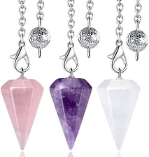 3 Pcs Crystal Pendulums Set for Divination Dowsing Natural Amethyst Rose Quartz