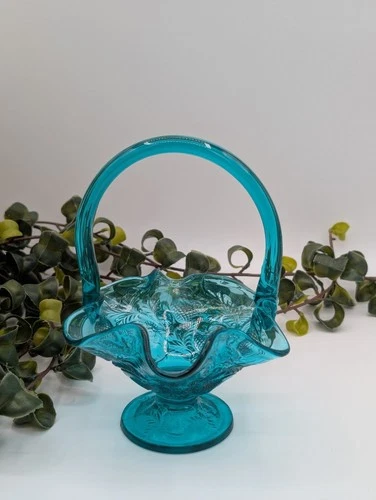 Vintage Teal Blue Pressed Glass Basket with Handle, Pedestal Footed Candy Dish