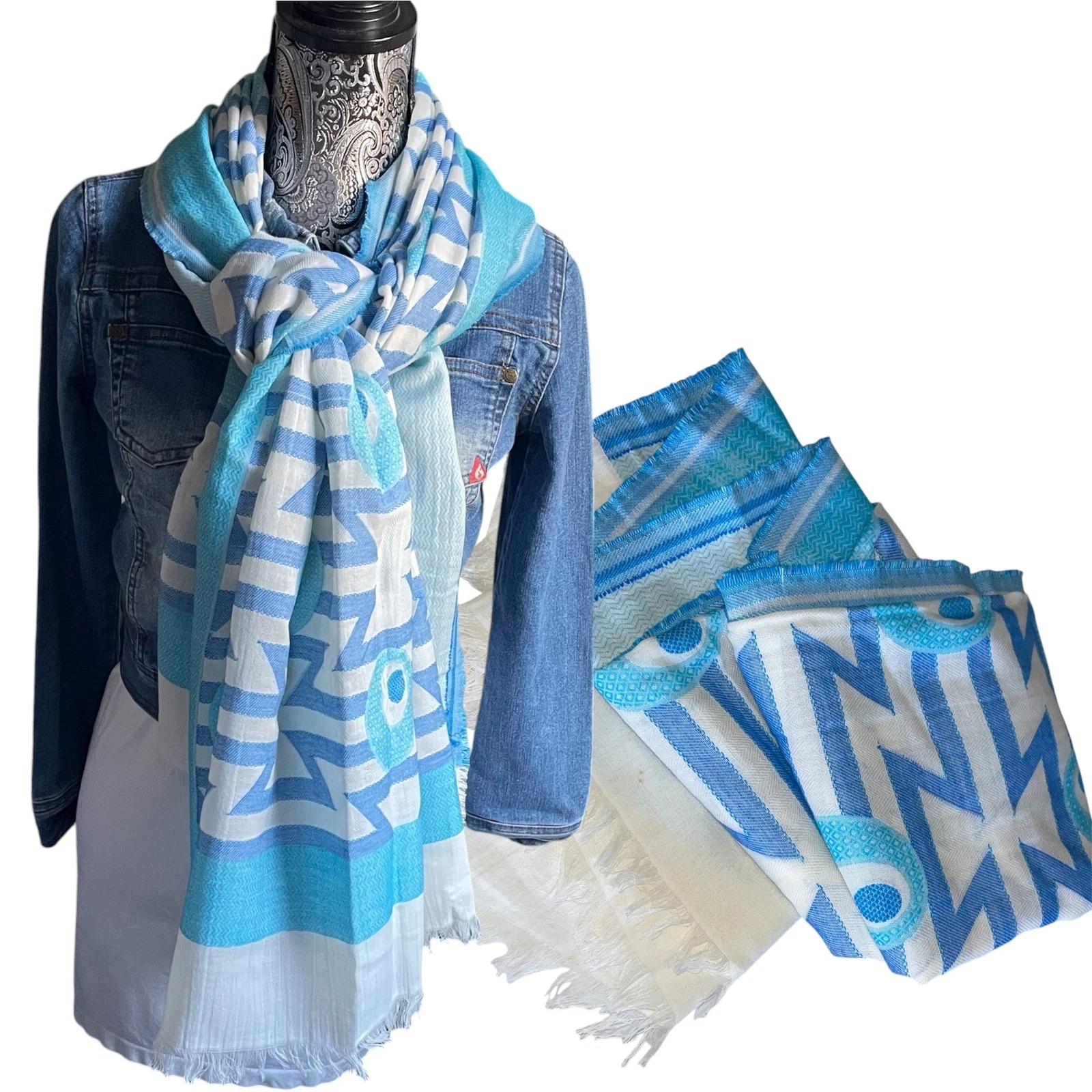 Alliance Peacock Eye Abstract Geometric Scarf Blue White Cotton