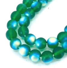 50 Czech Frosted Sea Glass Round Beads - Matte - Green Emerald AB moonstone 6mm