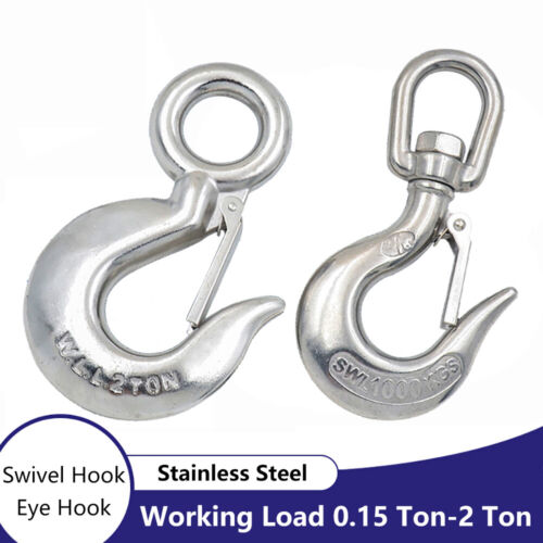 0.15T - 2T Stainless Steel Sling Hook Safety Catch Lifting Hook Swivel/Large Eye - Picture 1 of 7