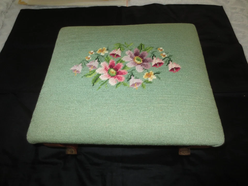 Vintage LIGHT GREEN FLORAL NEEDLEPOINT  FOOTSTOOL - 14-1/2" x 12-1/2" x 7-1/2" - Image 2 of 4