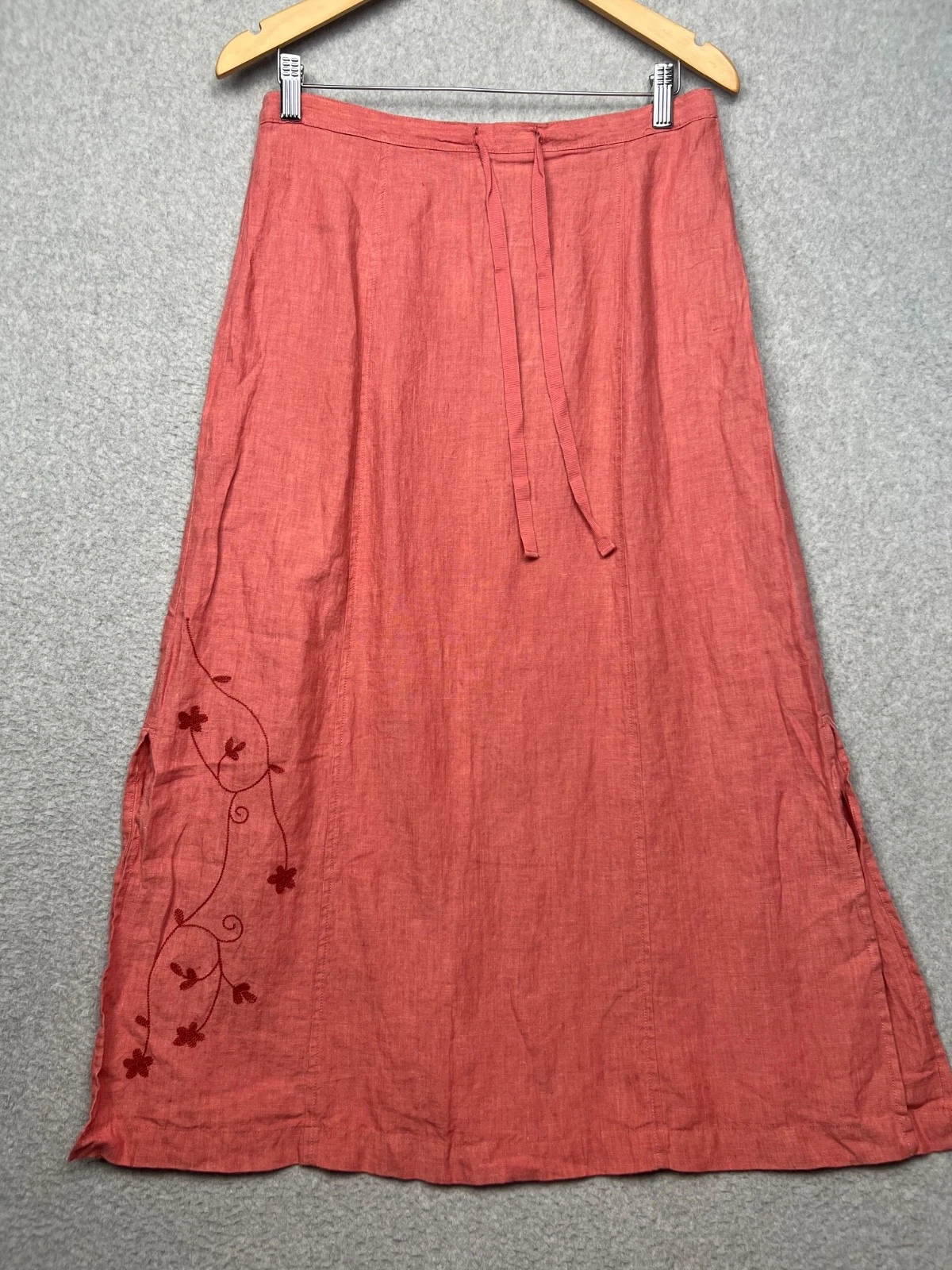 Linden Hill Linen Midi Skirt Womens Size 12 Salmon Pink Embroidered boho Beach*