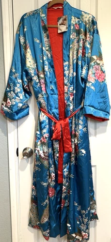 NWT Soft Surroundings Satin Peacock Floral Long Robe Womens Plus 2X Belt Pockets