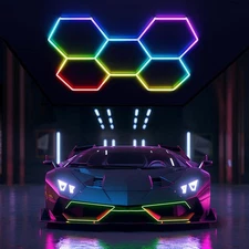 Hexagon Garage Lights RGB 5 Grid LED Ceiling Light for Car Shop Gym Workshop