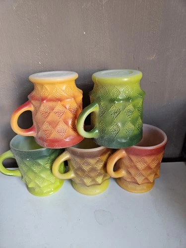 Vintage Anchor Hocking Fire King Kimberly Diamond Mugs Lot of 5 Cups With Tree