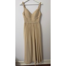 Azazie Champagne Pleated V Neck Bridesmaid Gown Formal Evening Dress Size A4