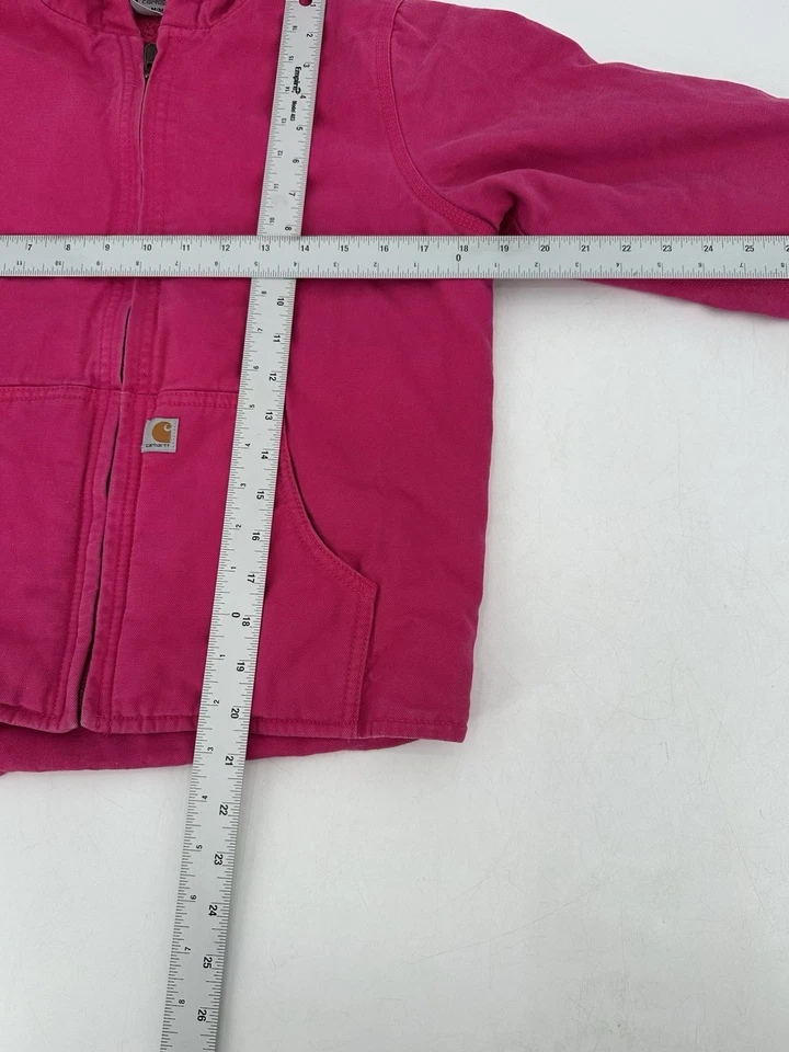 Carhartt Duck Canvas Jacket Girls M (10-12) Pink Hooded Sherpa Lined Full Zip - Image 3 of 4