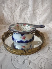 Vintage Hand Painted Blue With Flowers Porcelain Tea Strainer And Base