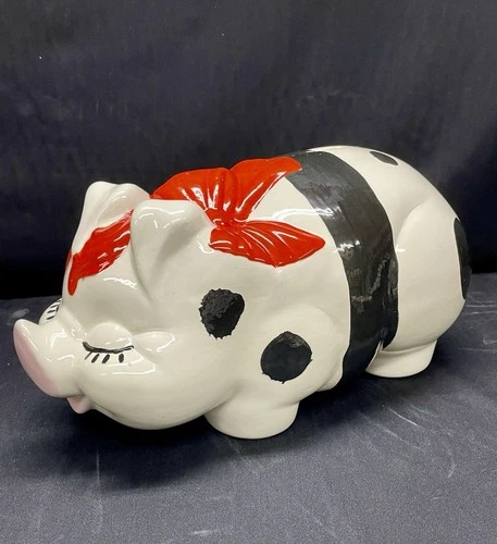 Shawnee Pottery Piggy Bank Vintage Signed Red Ribbon Black Poky Dots Large 13x6