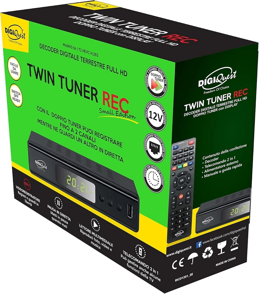 Digiquest twin tuner rec - Decoder digitale terrestre,DVB-T2, Full HD