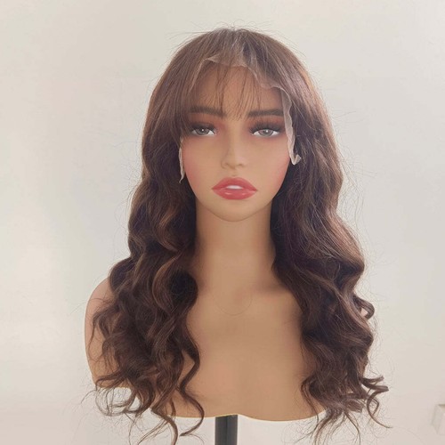 Long Wavy Brown Mixed Human Lace Front Wigs With Bangs Remy Natural Wigs - Picture 2 of 11