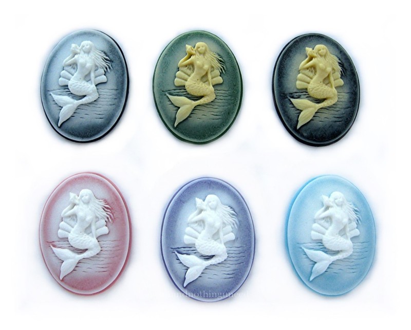 6 MERMAID & SEASHELL Cameos 6 Color Lot 40mm x 30mm CAMEO for DIY Crafts & Gifts