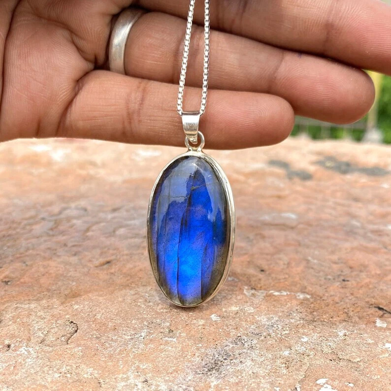 Collana Artigianale In Argento 925 Con Due Pietre Di Labradorite Blu Sfaccettate – Ciondolo Rettangolare, Catena 42+5 Cm
