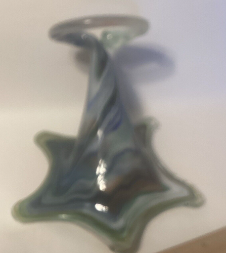 Hand Blown Art Glass Cornucopia Vase Murano Style Clear Blue Orange Mixed Swirl - Picture 17 of 20