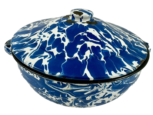 Vintage blau Swirl Emaillegeschirr Granitgeschirr Topf mit Deckel und Griffen - Bild 3 von 10