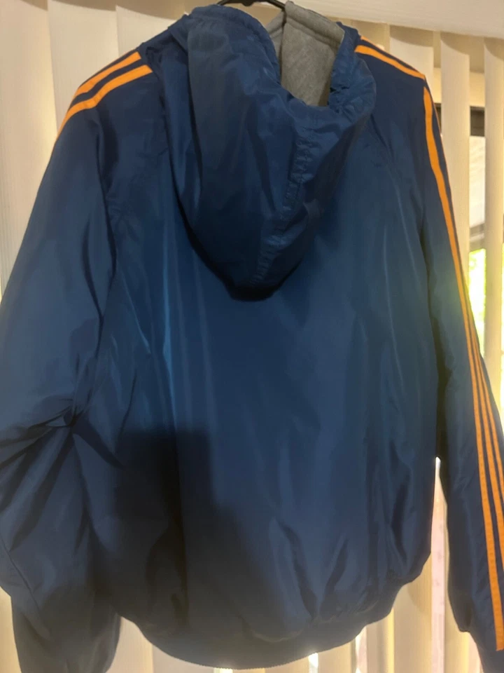 Chaqueta de nailon vintage Adidas reversible para hombre grande cremallera completa 3 rayas azul amarillo Foto 2 de 4