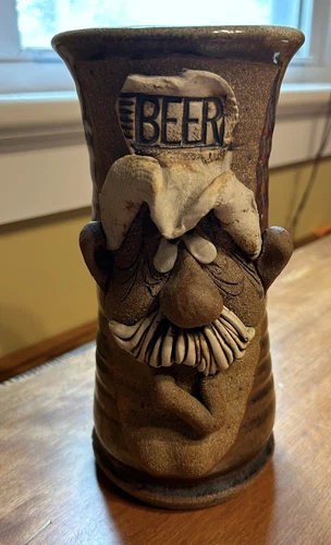 Vintage Ugly Funny 3D Face Mug MMS Mahon Stoneware Pottery Beer Mustache Man 9"