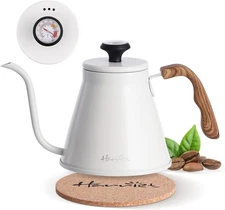 Gooseneck Kettle w/Thermometer, 37oz, Steel, Stove Top, White