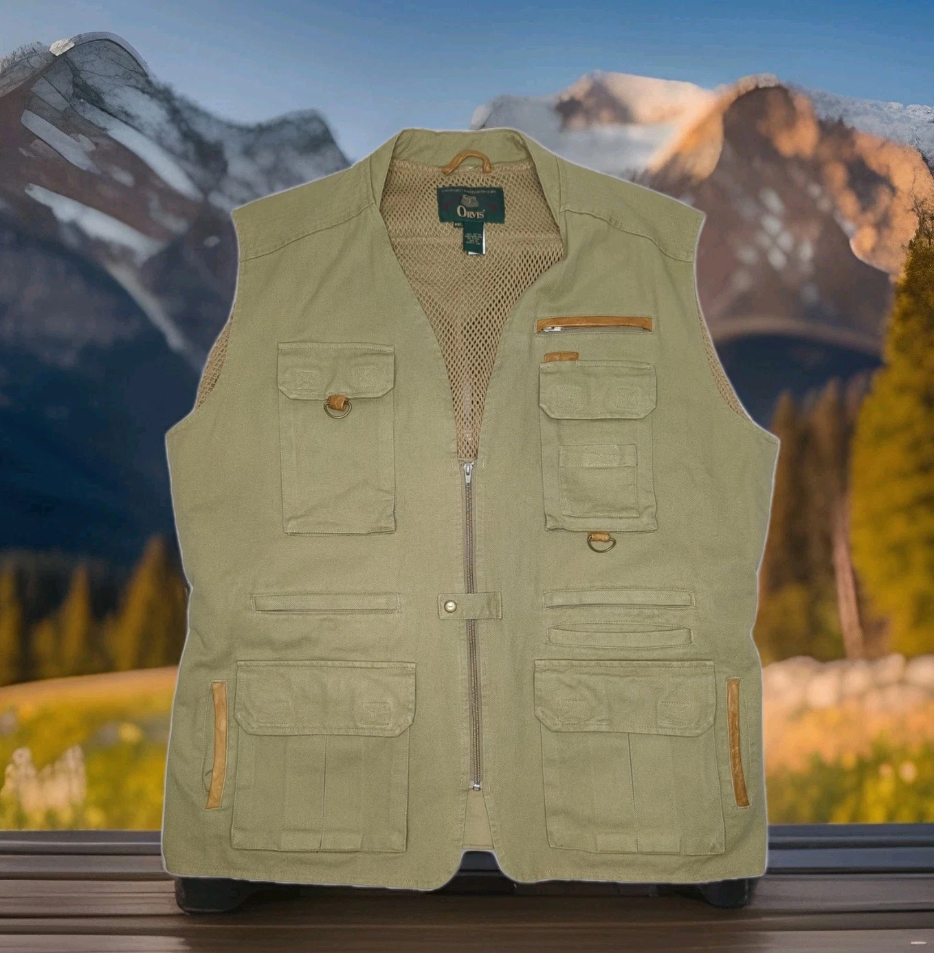 Vintage Orvis Twill Utility Fishing Hunting Vest Gilet Leather Trim Mens XXL 2XL