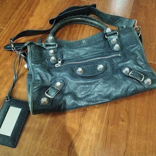 Balenciaga The Giant City Leather Dark Blue 173084 Handbag Shoulder Bag Auth