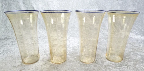 4 Steuben Iridescent Amber Glass 12 Oz Flat Tumblers Blue Rim 6.5" Tall Flared