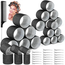39PCS Self Grip Curlers 3 Sizes - Black 2.5In, 1.9In, 1.4In Rollers with Duckbil
