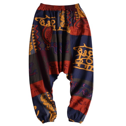 Men 100%Cotton Elastic Waist Long Pants Pirnted Baggy Loose Jogger Yoga Trousers - 第 18/36 張圖片