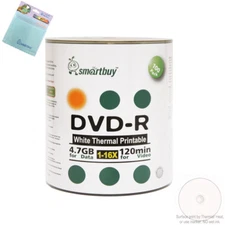 100 Smartbuy DVD-R 16X 4.7GB White Thermal Printable Disc+FREE Micro Fiber Cloth