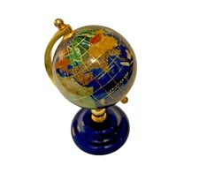 Blue Lapis Semi-Precious Gemstone Tabletop Globe Gold Stand 5.5"