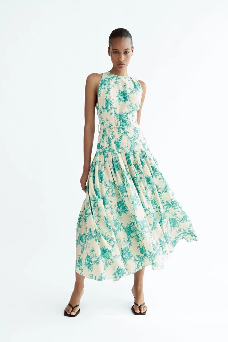 Zara Cotton Belted Floral Print Midi Dress Size Medium (Uk Size 10) Bnwt |  Ebay