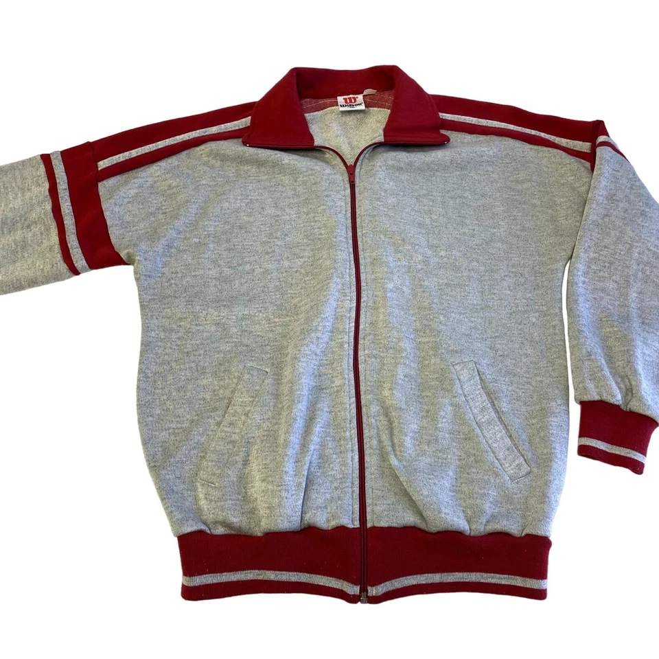 Vtg 80's Wilson Heather Red Stripe Sweatshirt Warm Up Athletic Track Suit Jacket - Image 2 of 4