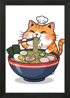Cat Chef Eating Ramen Framed Wall Art Poster Canvas Print Picture