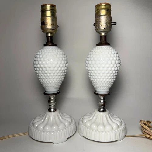 Vintage Pair of Hobnail Milk Glass Table Lamps with Pleated Shades – 10” Tall