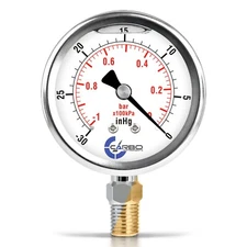 2-1/2" Vacuum Pressure Gauge, S.S Case, Liquid Filled, Brass Lower Mnt -30 Hg/0 