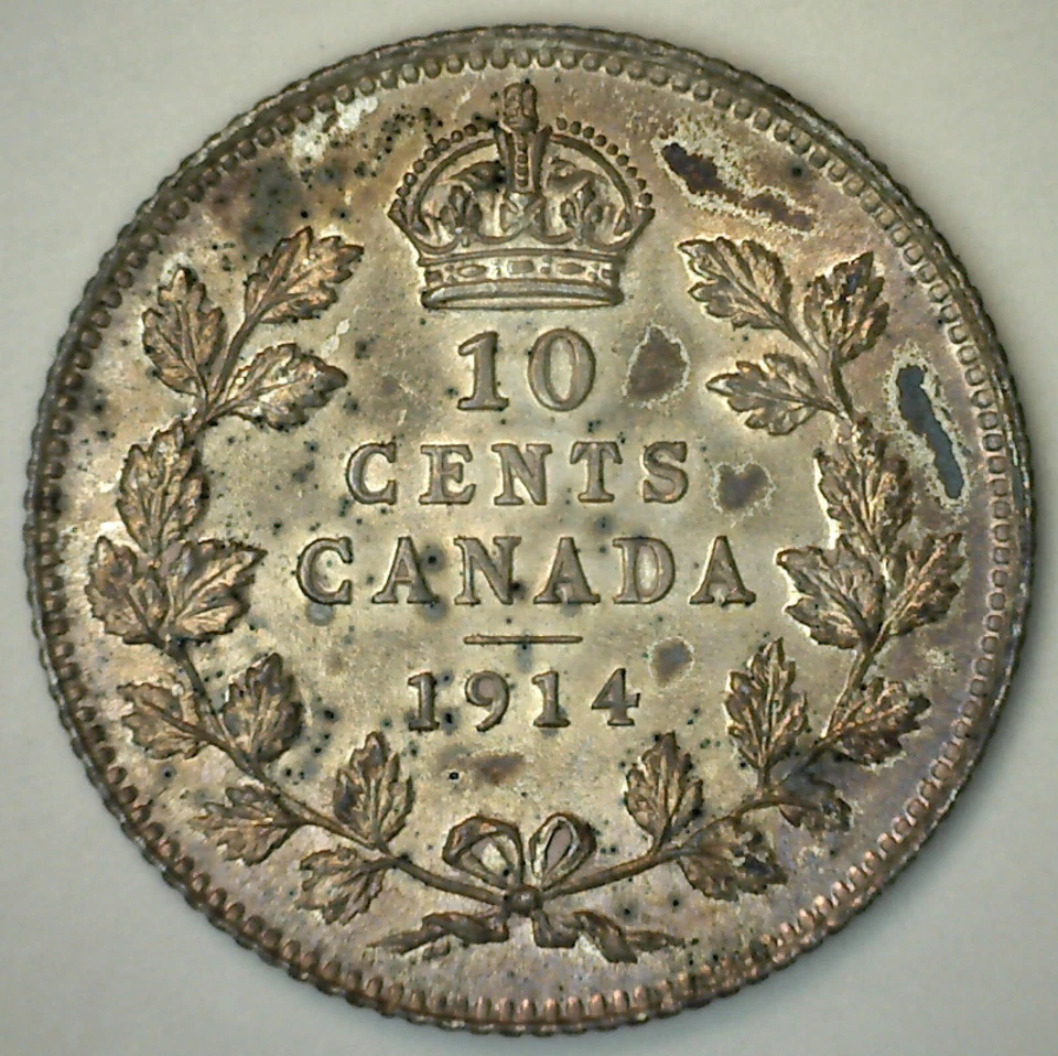 1914 Canada 10 Cent AU to UNC Dime Uncirculated Silver Coin George V Toned - Image 2 of 2