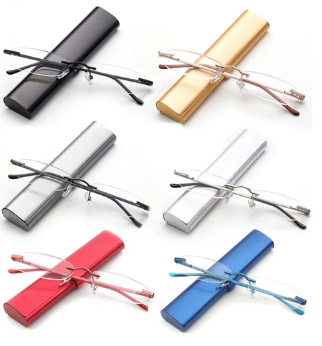 Classic Rimless Compact Reading Glasses Readers Travel Slim Design with Case