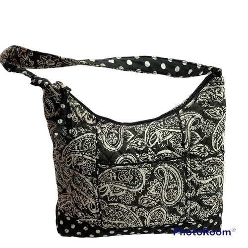 Lily Waters Schultertasche schwarz/weiß gesteppt Patchwork Baumwollstoff 9x11x4" - Bild 4 von 7