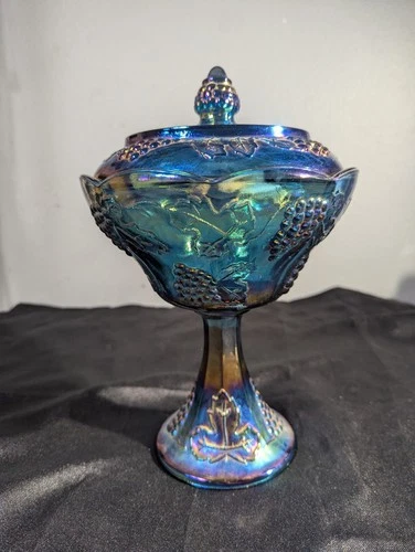 Vintage 10” Indiana Blue Carnival Glass Compote Pedestal Harvest Grape -  MINT