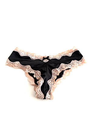 Victoria's Secret Very Sexy Strappy Ribbon Cheeky Panty Black w Beige Lace