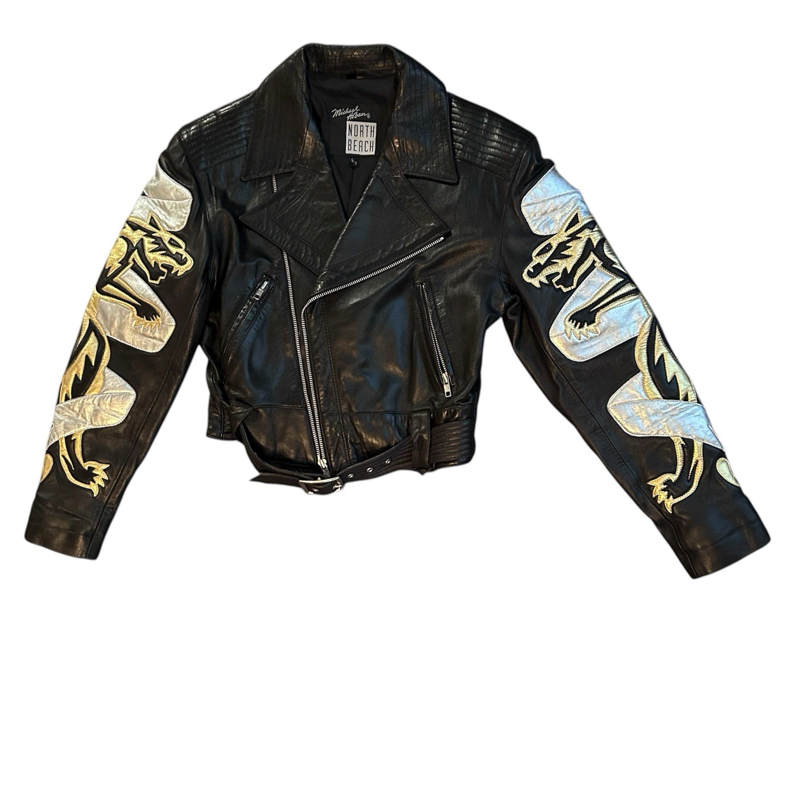 Vintage Michael Hoban North Beach Leather Moto Jacket - Rare Panther Gold Pop Art, Size 5/6 image 4