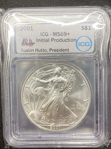 2001 $1 Silver Eagle Rare ICG MS69+ Austin Hutto Signed Initial Production 1oz