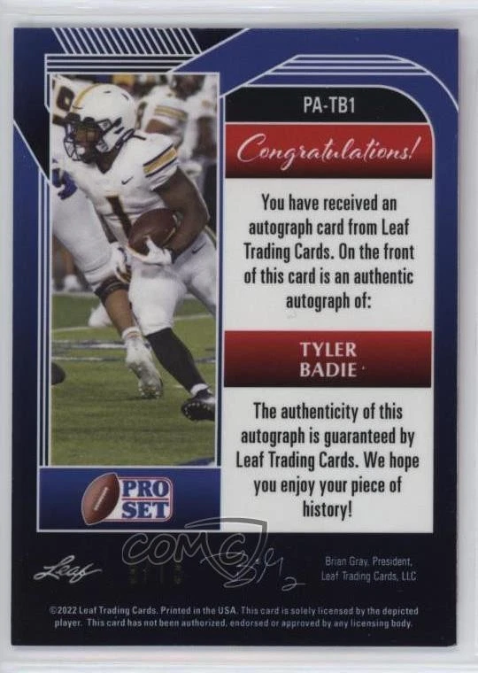 2022 Leaf Pro Set Metal Pink Crystals /15 Tyler Badie #PA-TB1 Rookie Auto RC - Image 2 of 2