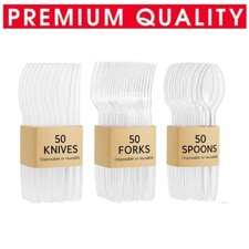 150 Set Heavy Duty Clear Disposable Plastic Cutlery Spoons Forks Knives Reusable