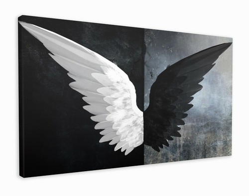 BLACK AND WHITE WINGS - BEAUTIFUL BLACK AND WHITE HANDMADE ANGEL CANVAS PRINTS  - Afbeelding 1 van 4