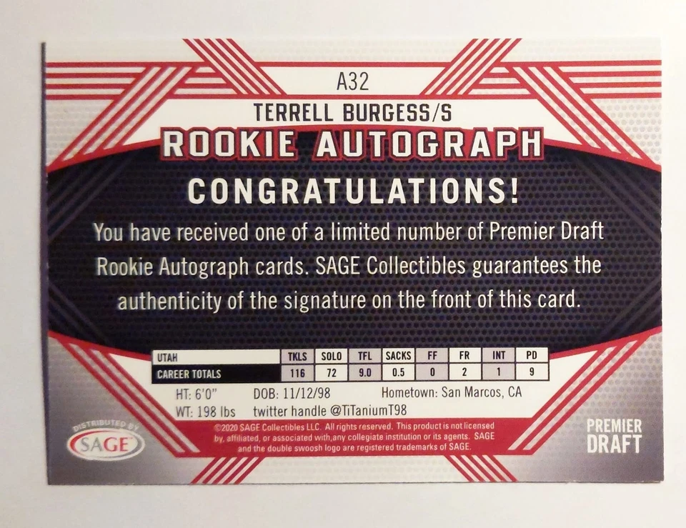 2020 Sage Hit Football Terrell Burgess Rookie Auto #A-32 Commanders, Utes - Image 2 of 2