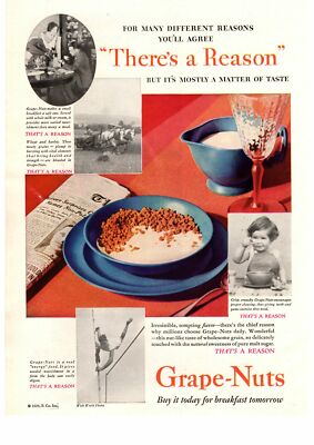 1929 Post Grape Nuts Breakfast Cereal ''There's A Reason'' Pole Vaulter Print Ad