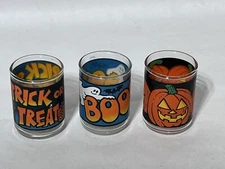 Set of 3 Halloween Glass Votive Candle Boo Ghost Pumpkin Trick Or Treat